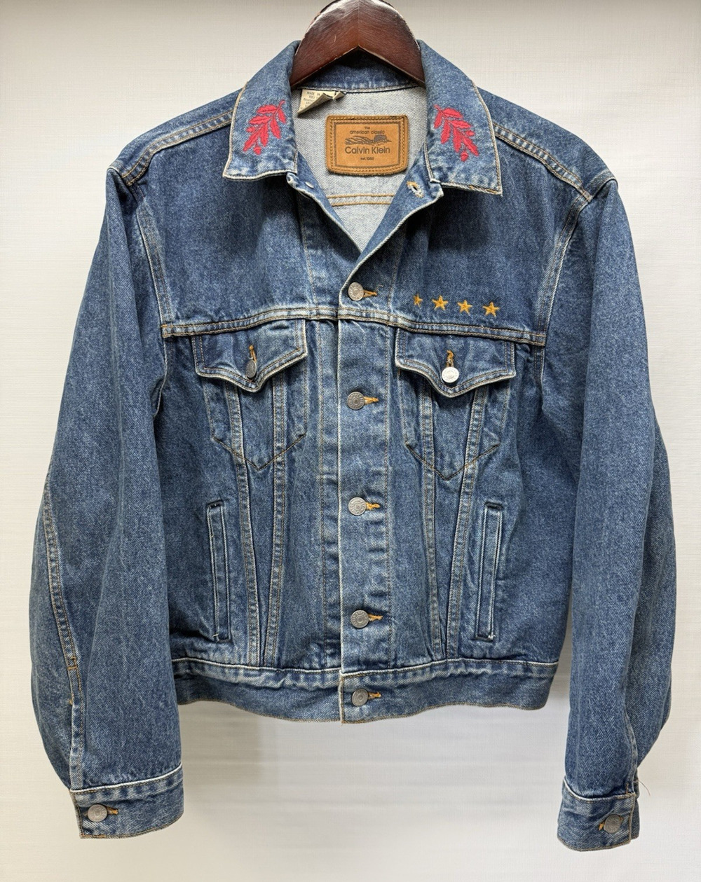 Vtg CALVIN KLEIN American Classic Jean Jacket Global Flags Womens Med #BD02003